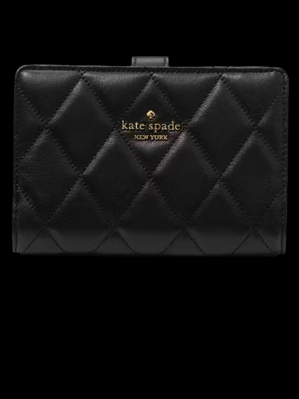 kate spade medium quilted black compact zip wallet with gold logo
